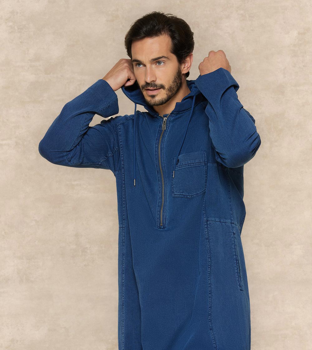 Casual Denim Thobe With Cap