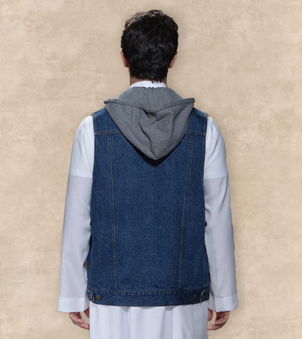 Sleeveless Denim Jacket With Cap