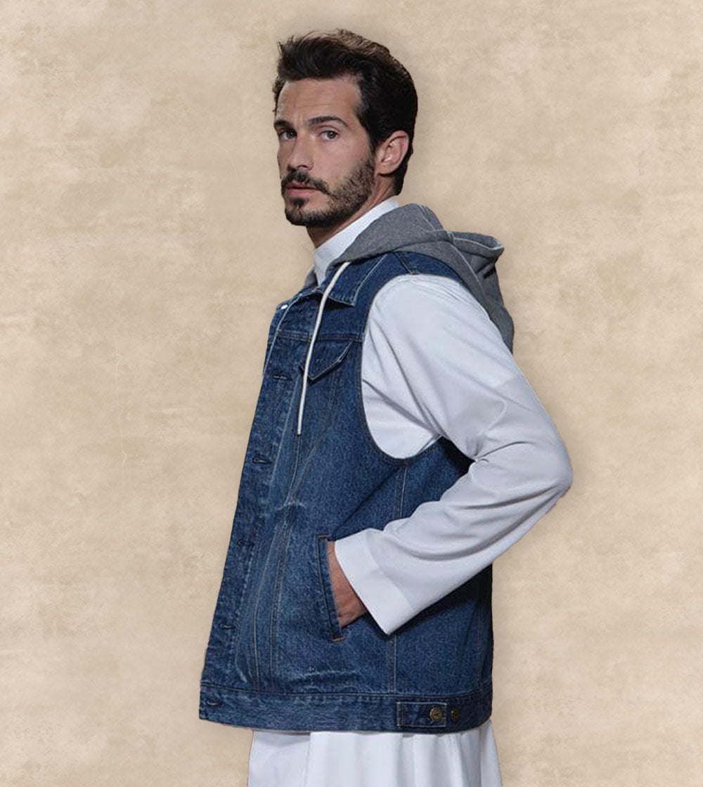 Sleeveless Denim Jacket With Cap